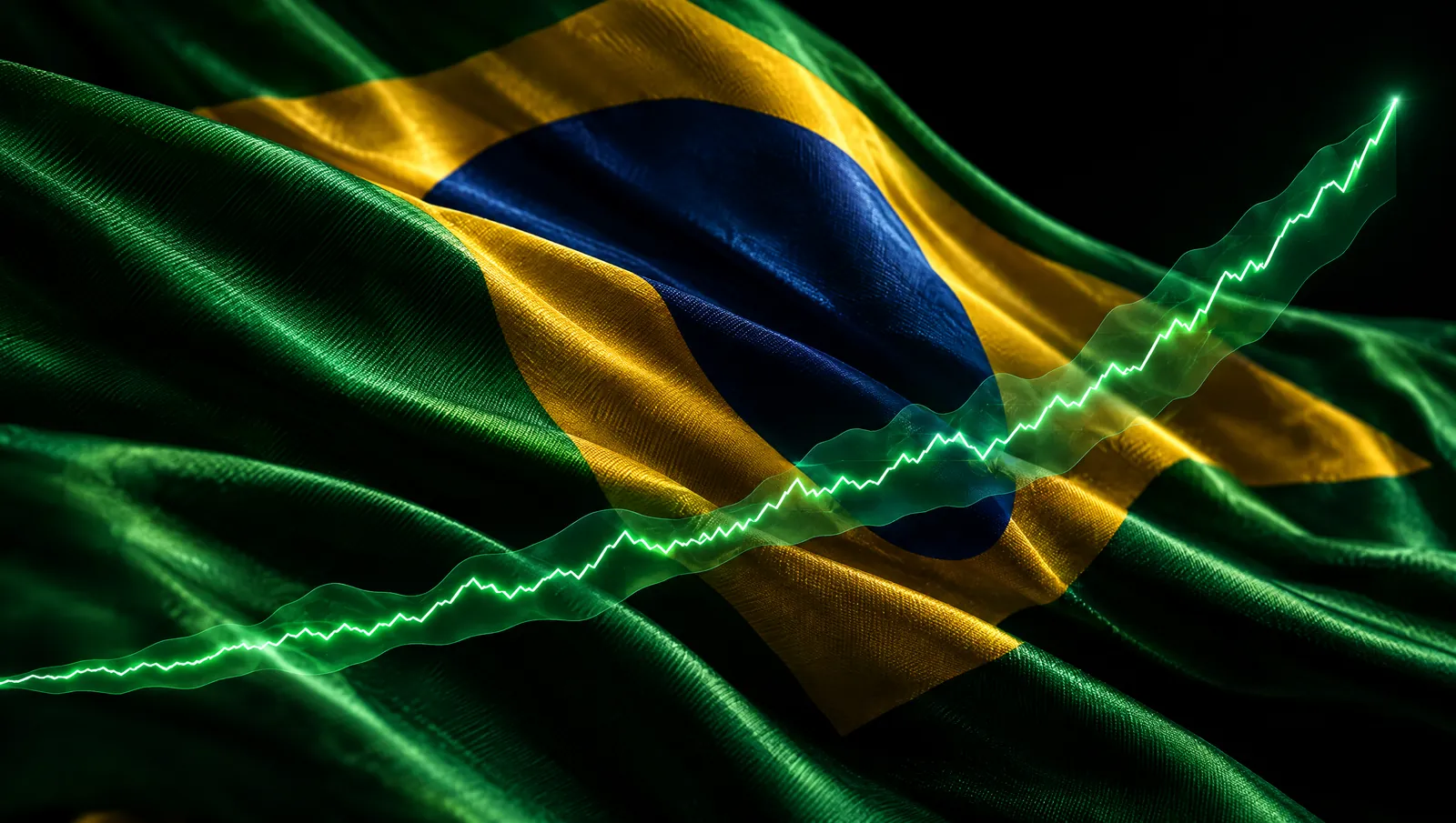 Bandeira do Brasil em tecido com uma linha de luz verde ascendente