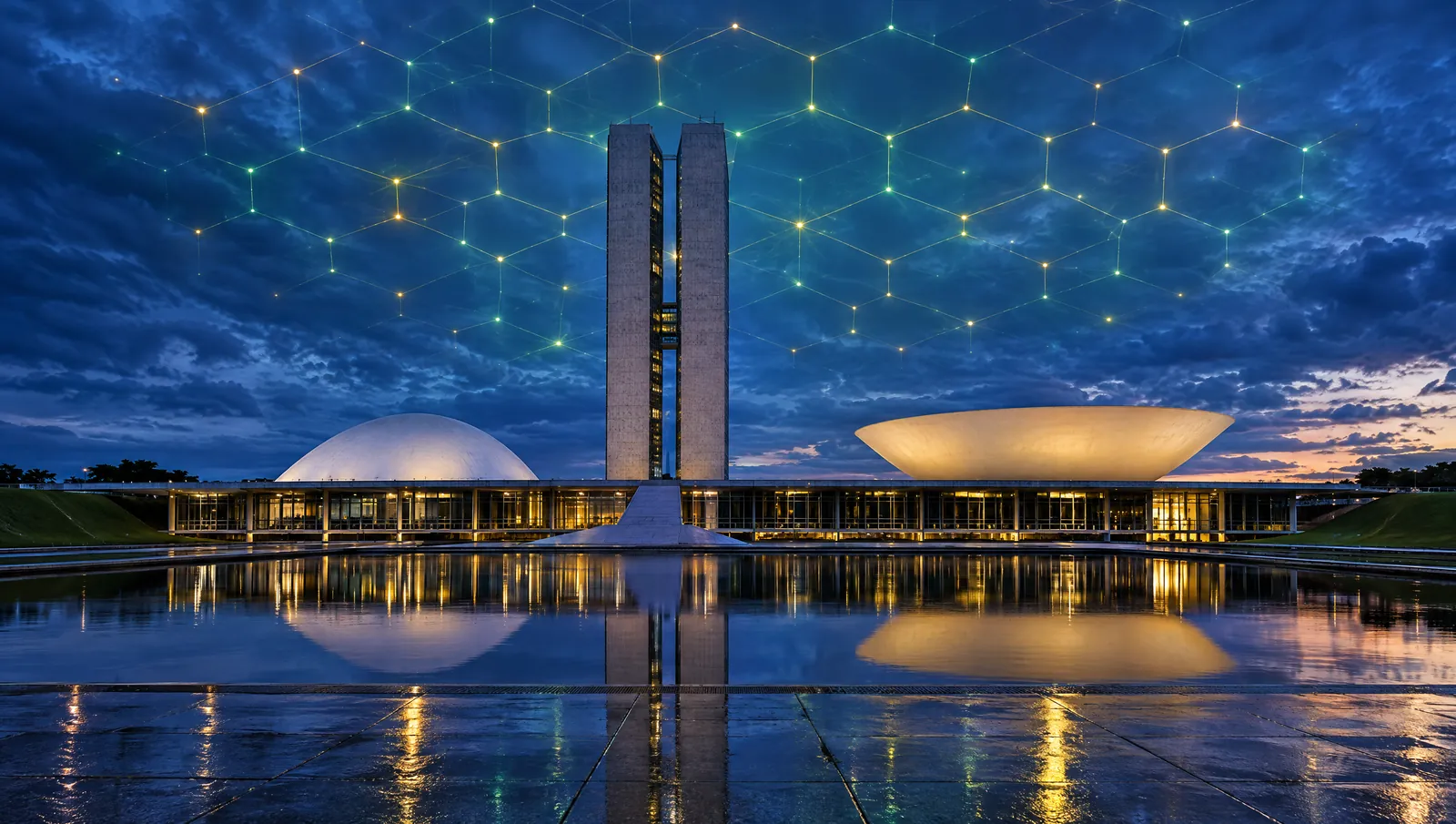 Congresso Nacional em Brasília à noite com uma malha hexagonal de luz no céu