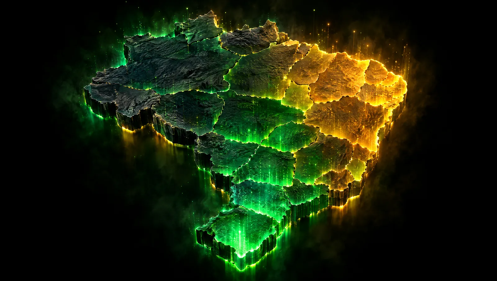 Mapa em relevo do Brasil com estados iluminados em verde e dourado
