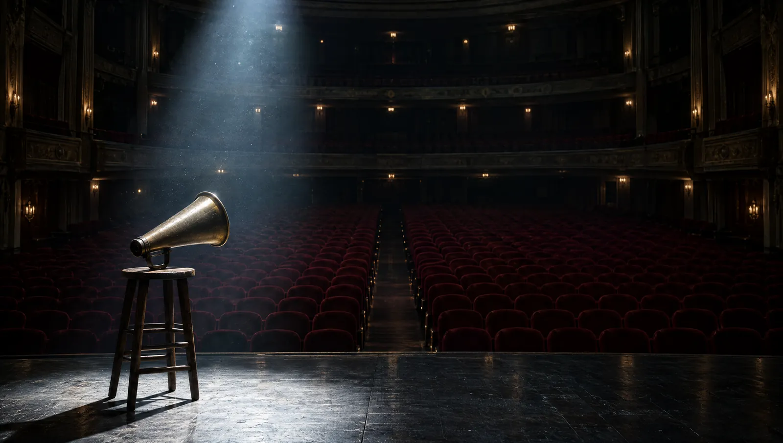 Teatro vazio com um megafone de latão sobre um banquinho no palco