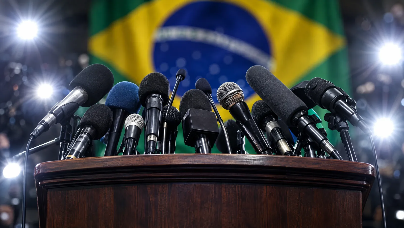 Púlpito com muitos microfones diante de uma bandeira do Brasil desfocada