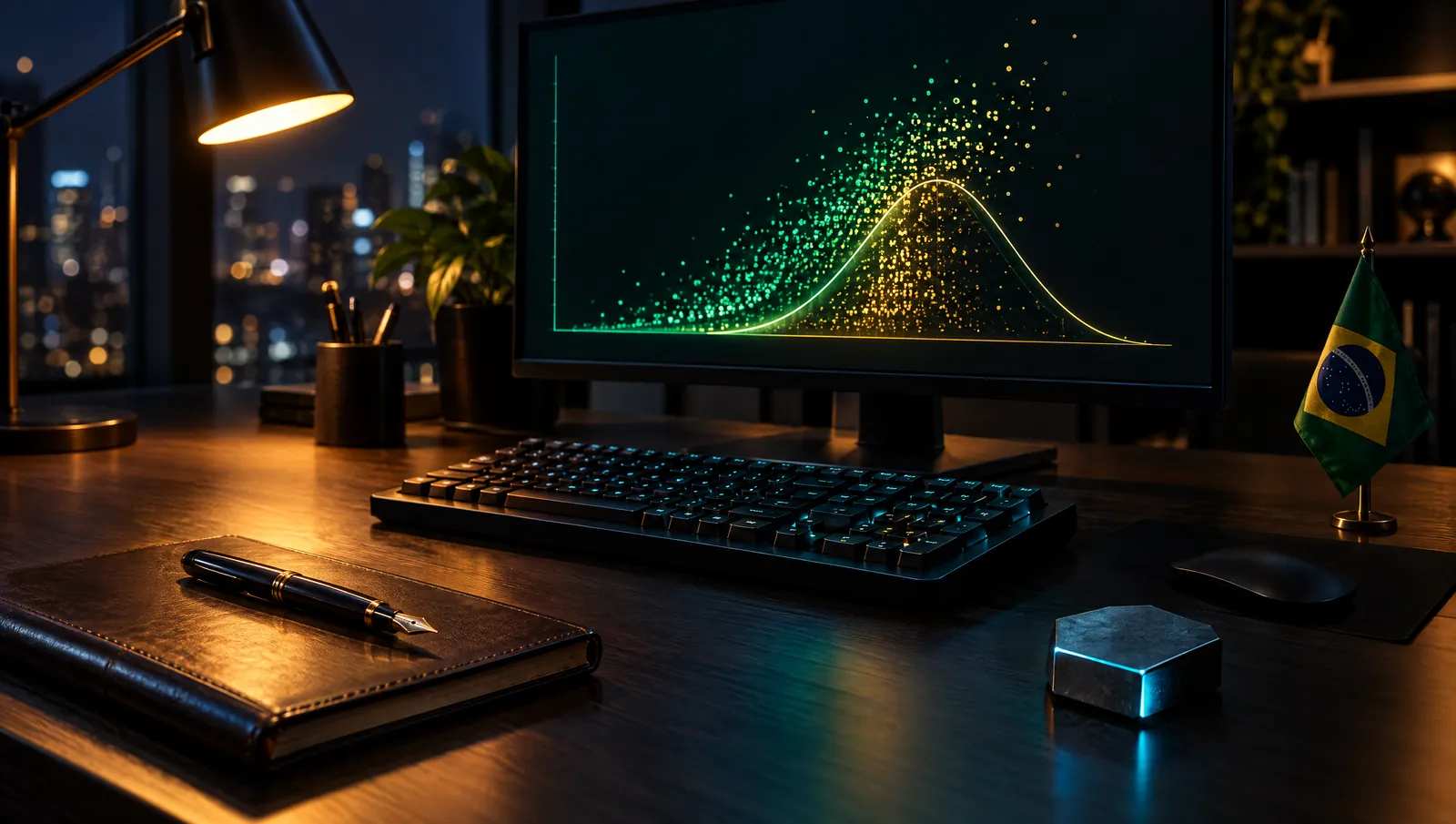 Mesa de trabalho escura com monitor exibindo um gráfico e uma pequena bandeira do Brasil