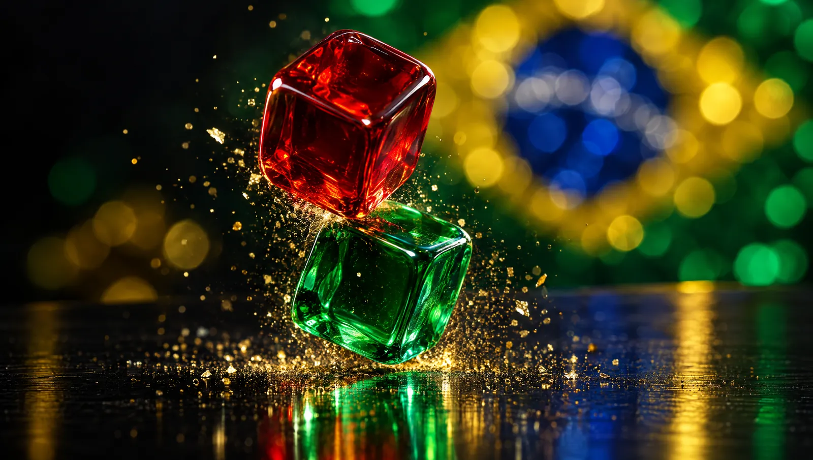 Dois dados de vidro, um vermelho e um verde, congelados no ar sobre mesa preta