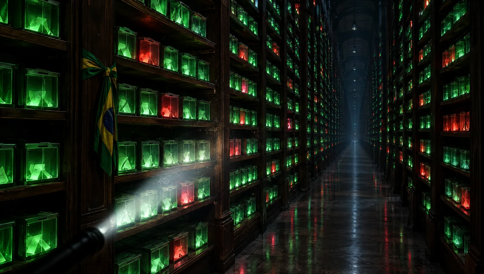 Corredor de arquivo escuro com centenas de pequenas urnas iluminadas em verde e algumas em vermelho
