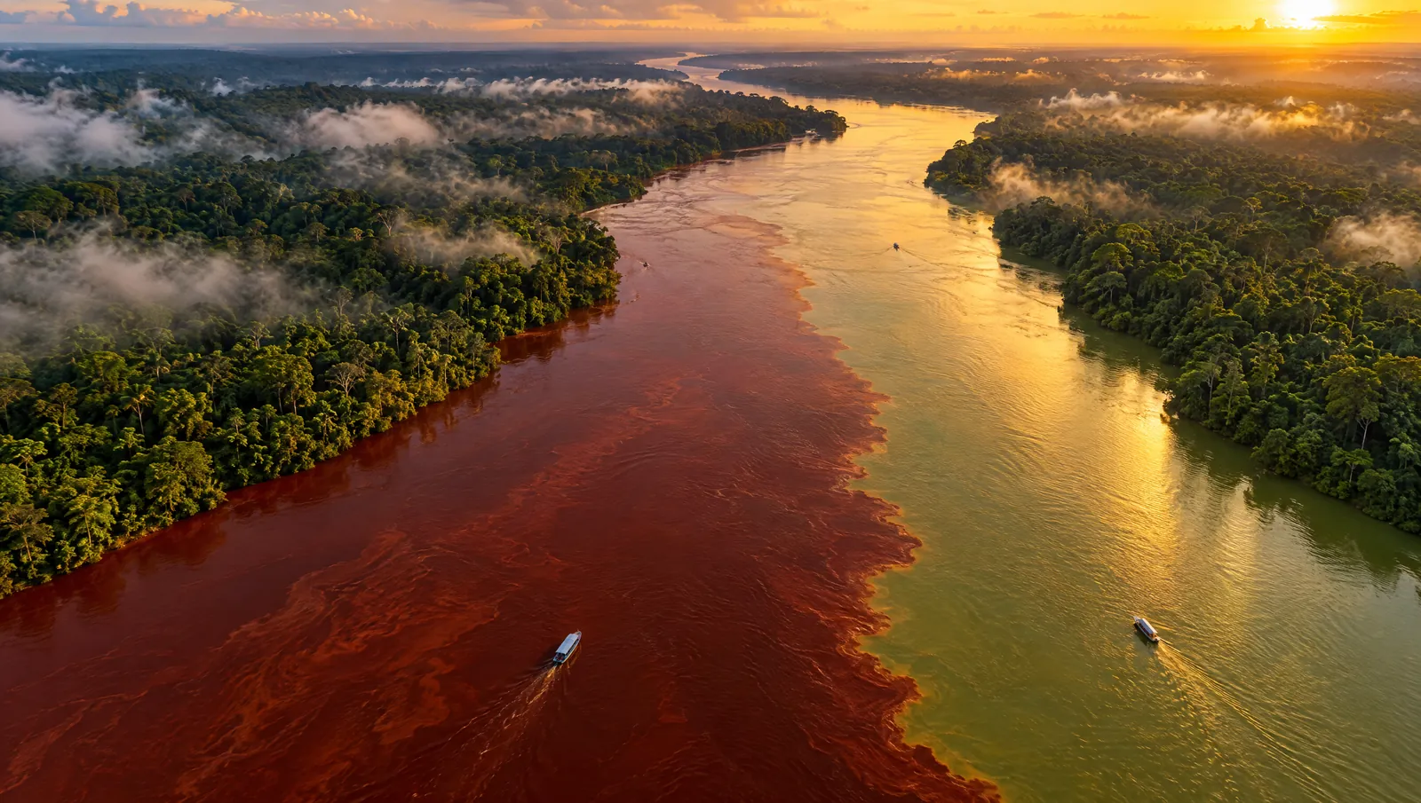 Vista aérea do encontro de dois rios de cores diferentes que correm lado a lado