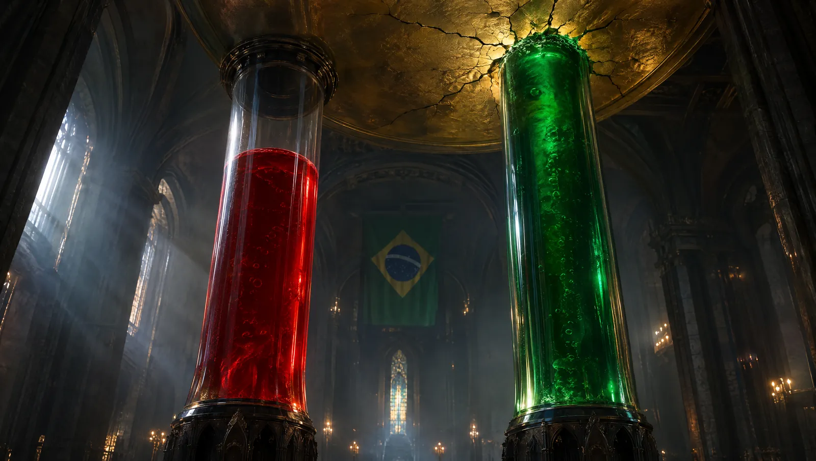 Duas colunas de vidro com líquido vermelho e verde, a verde pressionando um teto dourado rachado