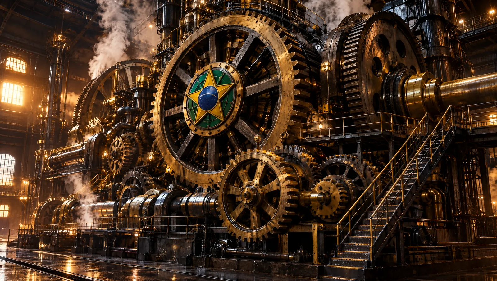 Máquina colossal de engrenagens de latão em um galpão escuro, com emblema de estrela nas cores da bandeira