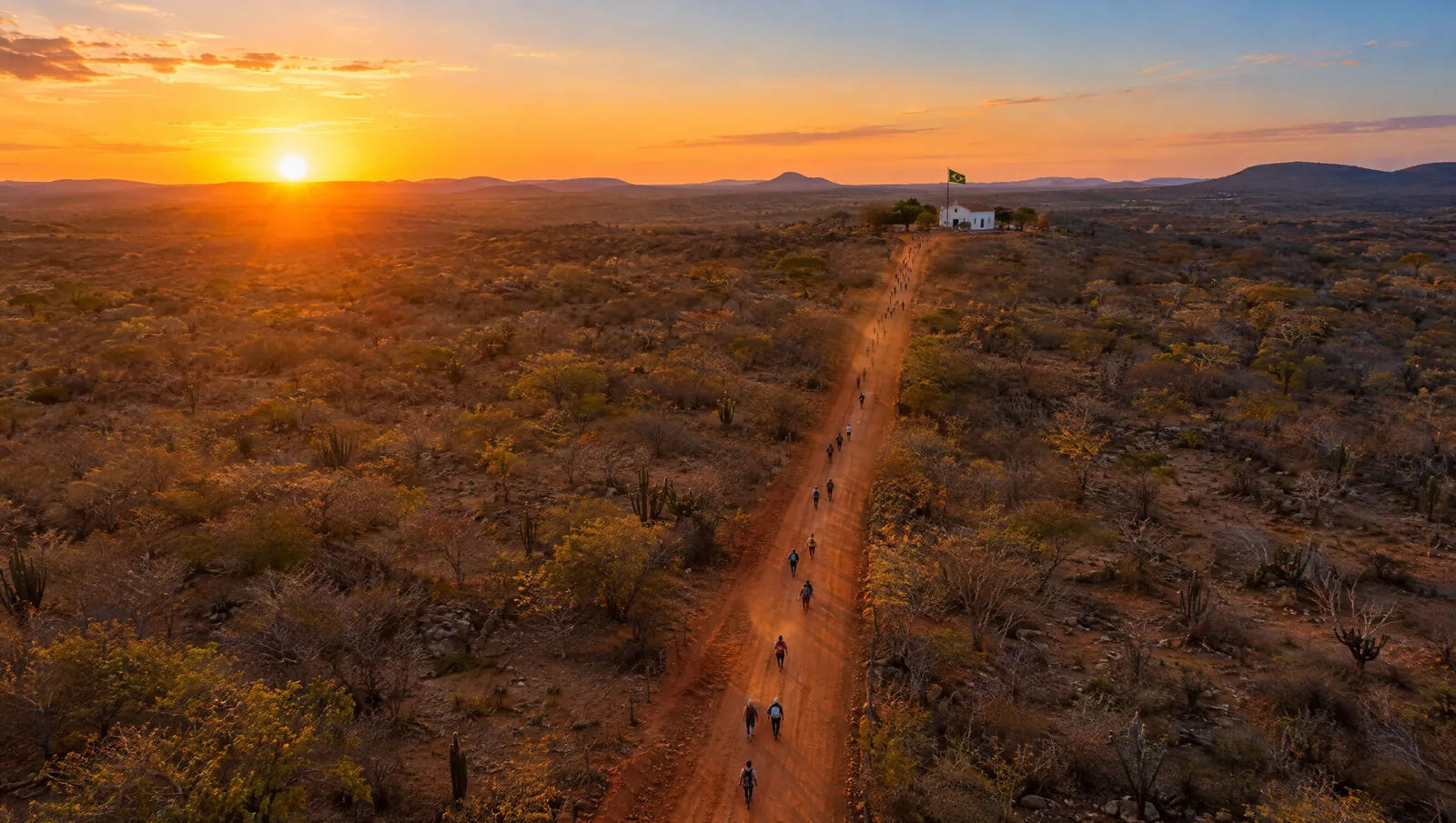 Estrada de terra vermelha no sertão ao amanhecer, com uma fila distante de pessoas caminhando até um prédio branco com bandeira