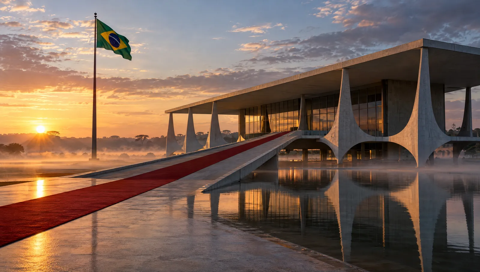 Palácio modernista de concreto ao amanhecer, com tapete vermelho na rampa e bandeira do Brasil